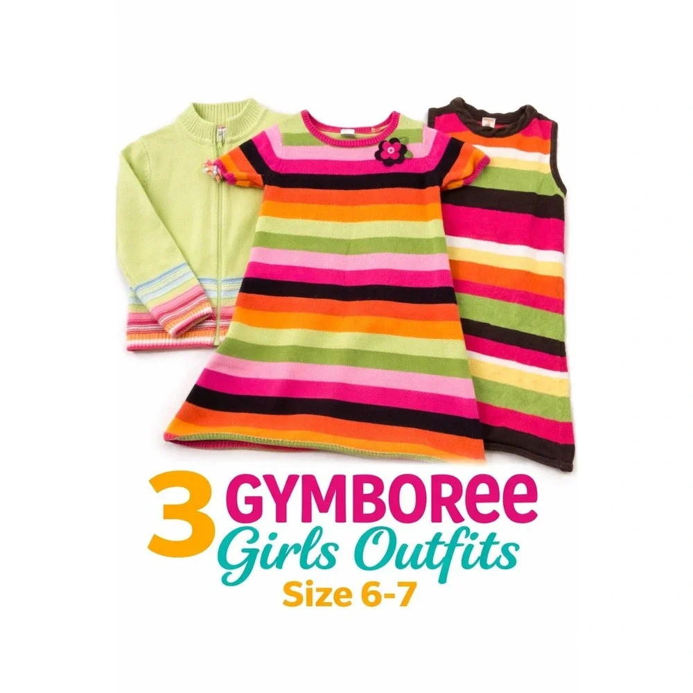 Gymboree Girls Stripe Knit Bundle‎ Cardigan and 2 Sweater Dresses Size 6-7 3pc